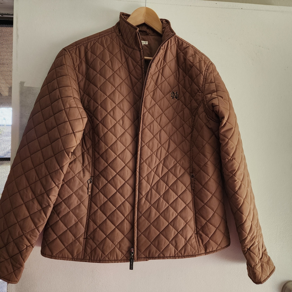 Cutter & Buck Quilted Tan Brown Full-Zip Puffer Jacket with Notre Dame logo